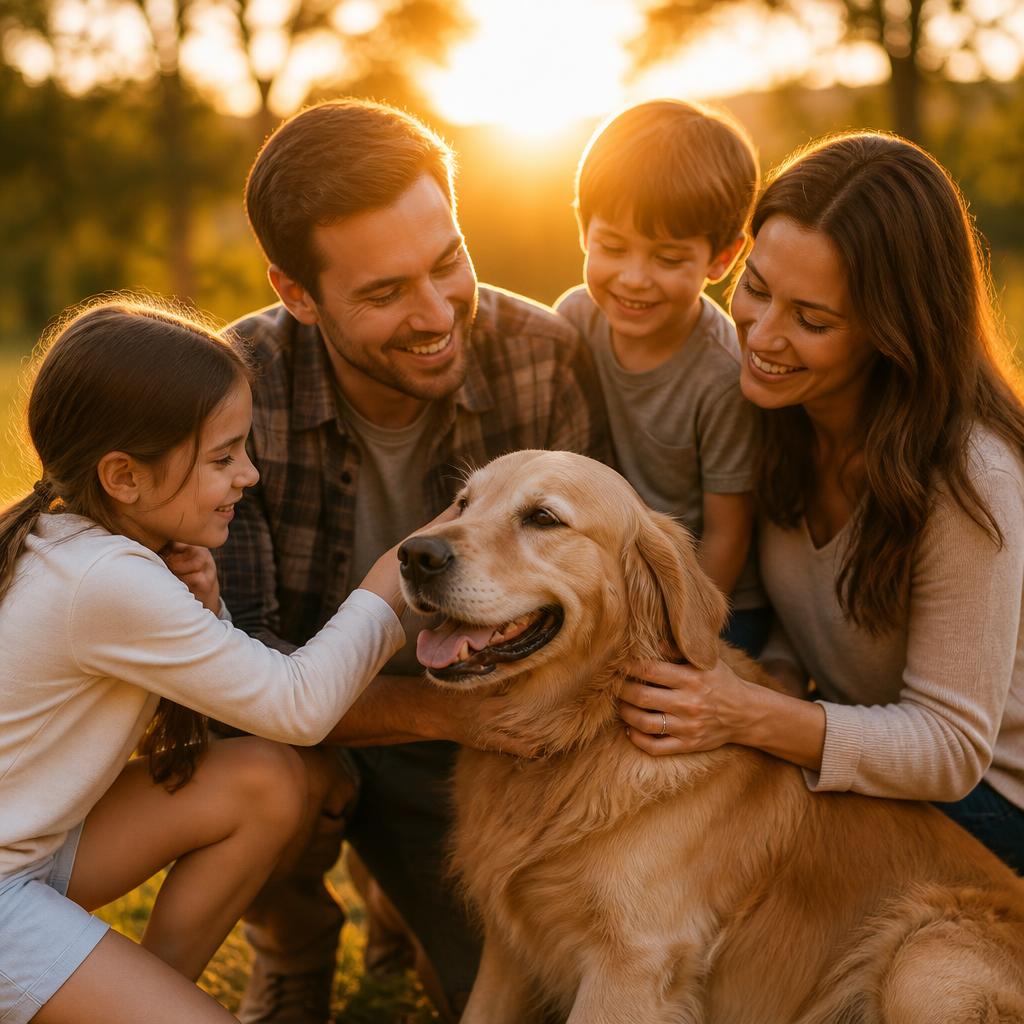 Tutora abraçando seu cão Golden Retriever ao pôr do sol — cuidado e acolhimento no Portal Eterno Pet