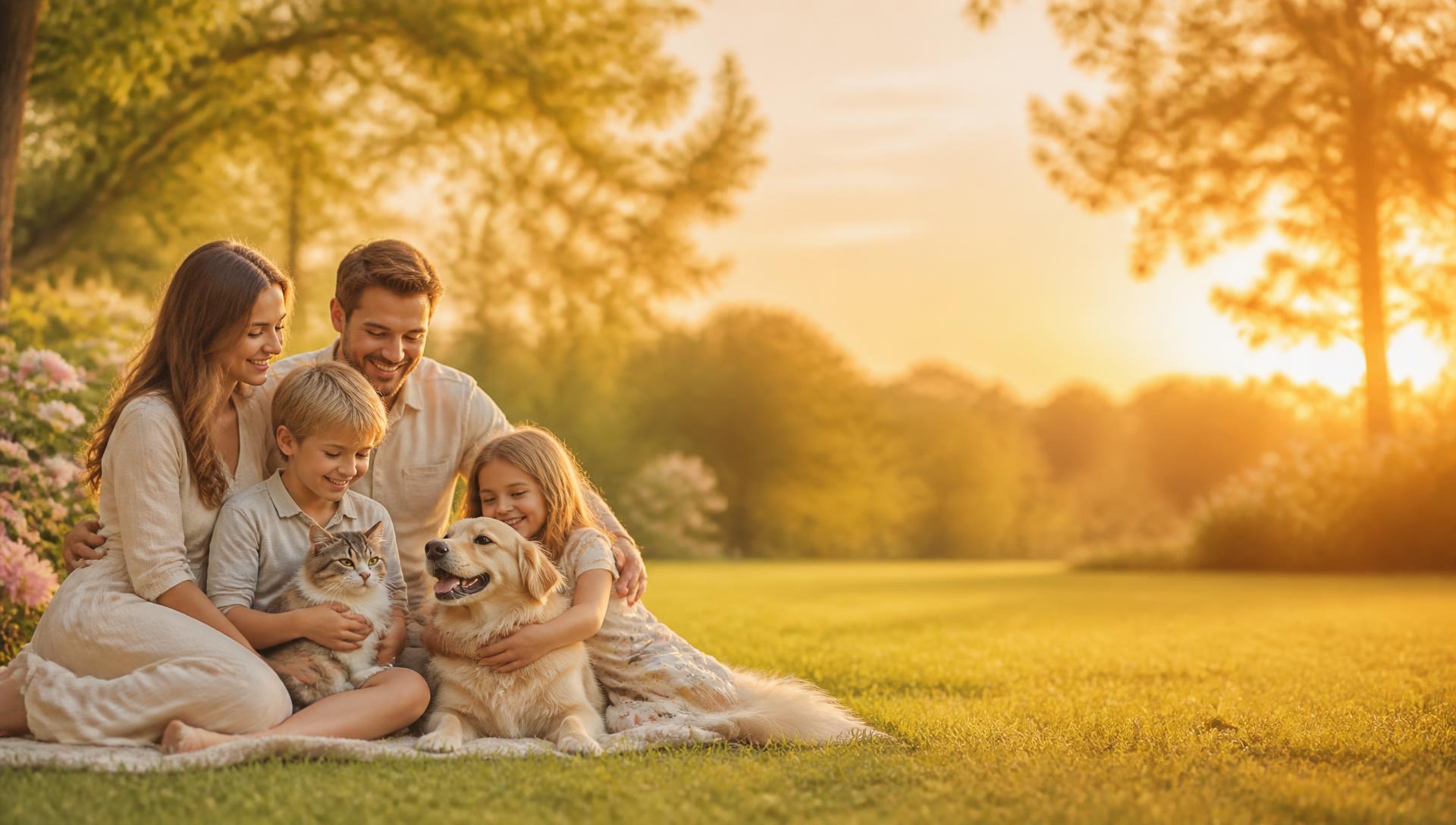 Família ao ar livre acariciando seu cachorro e seu gato ao entardecer — Portal Eterno Pet